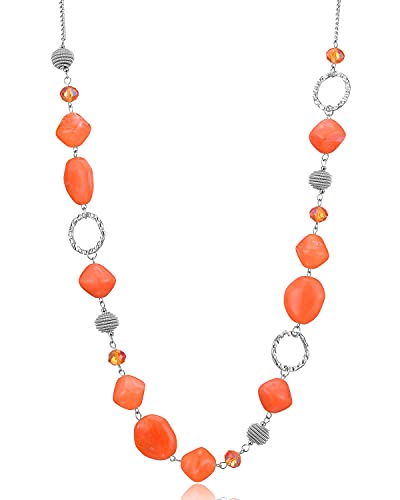 Bulinlin Silber Perplen Lang Kette für Damen Boho Statement Chain Halskette Modeschmuck Geburtstagsgeschenke für Frauen（Dark light orange） von Bulinlin