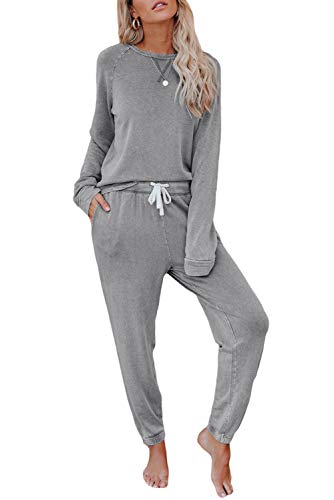 Bunanphy Damen Solid Sweatsuit Langarm Pullover Sweatpants Lounge Jogger Pyjama-Sets Large #A Grau Groß von Bunanphy