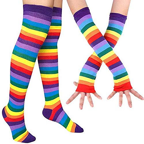 BundleMall Gestreifte lange Strickhandschuhe, kniehohe Streifen, Socken, Leggings, Party-Kostüm, Zubehör, 2 Paar, regenbogenfarben, One size von BundleMall