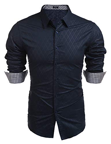 COOFANDY Herren Hemd Langarm Slim Fit Freizeithemd Diamant Muster Karohemd Business Hemd Party Hemden Modern Männer Klassisch Hemden Langarmhemd,1-Marine Blau,S von COOFANDY