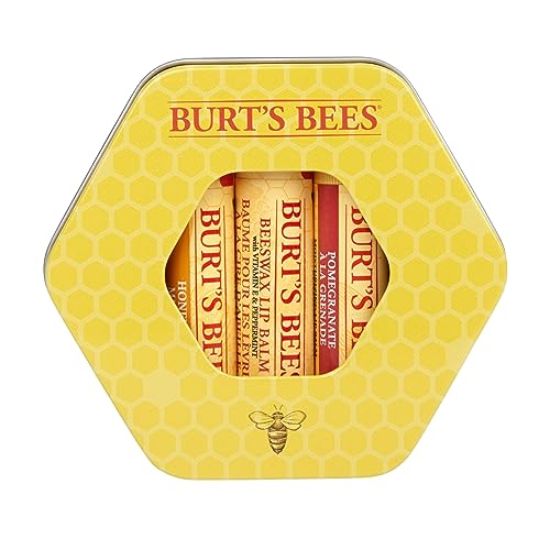 Burt's Bees Trio Tin Geschenkset, 1 x 100% natürlicher Bienenwachs Lippenbalsam, mit Vitamin E und Pfefferminz (4,25 g), 1 x Honig Lippenbalsam (4,25 g) und 1 x Granatapfel Lippenbalsam (4,25 g) von Burt's Bees