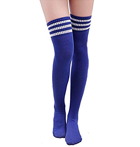 Butterme Frau Mädchen Über den Knie Extra Lang Fußball Rugby Socks Strümpfe Sport Tights mit Klassik Dreibettzimmer Stripes Cosplay Socken (Blau+Weiß) von ZUMUii