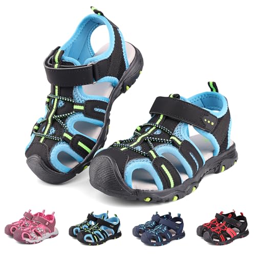 Kinder Geschlossen Sandalen Jungen Mädchen Outdoor Sport Sandalen Wandern Wasserdichte Schuhe Abenteuer Sommer Strand Pool Sneakers Schwarz Grün Blau 28 EU（Hersteller Größe 29） von Buwege