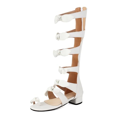 Bviennic Damen Blockabsatz Gladiator Sandals Tanzschuhe mit Offener Spitze Und Mittlerem Absatz Zip Leisure Sandals Bogen, C46186Hy Weiß Gr 43 EU/45Cn von Bviennic