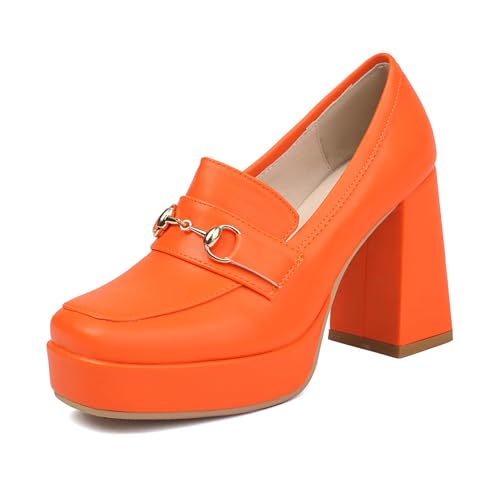 Bviennic Damen Blockabsatz Loafer Runde Zehen Höhe Ferse Schuhe Ohne Verschluss mit Plateau Klassische Abendschuhe H84185Mq Orange Gr 35 EU von Bviennic