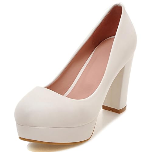 Bviennic Damen Blockieren Fersenpumps Runde Zehen Höhe Ferse Schuhe Ohne Verschluss mit Plateau Klassische Abendschuhe O46329Tk Weiß Gr 38 EU/39Cn von Bviennic