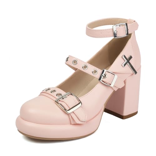 Bviennic Damen Blockieren Fersenpumps Runde Zehen Höhe Ferse Schuhe Schnalle mit Plateau Knöchelriemchen Mode Party Schuhe E76697Dy Pink Gr 34 EU von Bviennic