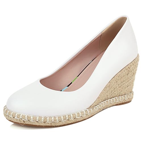 Bviennic Damen-Espadrille mit Keilabsatz Runde Zehen Höhe Ferse Schuhe Ohne Verschluss mit Plateau Komfort Daily Schuhe H26218Pt Weiß Gr 38 EU/39Cn von Bviennic