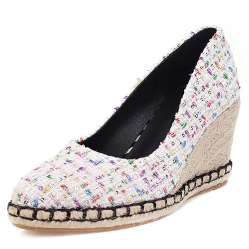 Bviennic Damen-Espadrille mit Keilabsatz Runde Zehen Höhe Ferse Schuhe Ohne Verschluss mit Plateau Komfort Daily Schuhe S25620Re Weiß Gr 35 EU von Bviennic