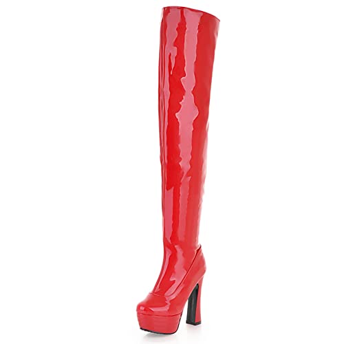 Bviennic Damen Lack Höhe Ferse Plateau Oberschenkel Herren Boots Reißverschluss Stylish Blockabsatz Winter Thigh Nightclub Prom Boots Rot Gr 41 EU-43Cn von Bviennic