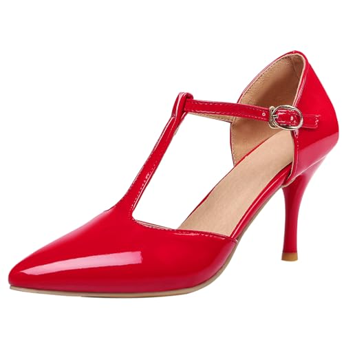 Bviennic Damen Louis Fersenpumpe Runde Zehen Höhe Ferse Schuhe Schnalle T-Spange Elegant Dancing Schuhe F41818Ua Rot Gr 34 EU von Bviennic