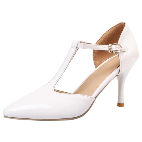 Bviennic Damen Louis Fersenpumpe Runde Zehen Höhe Ferse Schuhe Schnalle T-Spange Elegant Dancing Schuhe J41662Mi Weiß Gr 36.5 EU/37Cn von Bviennic