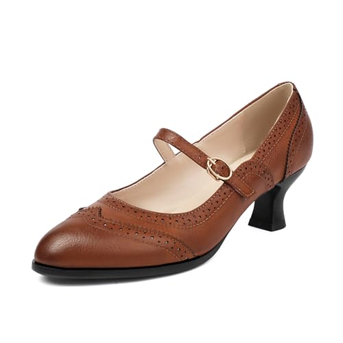 Bviennic Damen Louis- XV Absatz Mary Jane Almond Toe Mitte Absatz Schuhe Schnalle Elegant Daily Schuhe H81351Ig Braun Gr 36.5 EU/37Cn von Bviennic