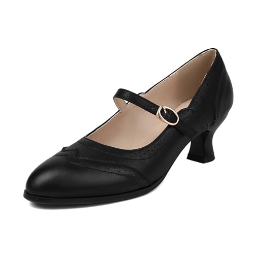 Bviennic Damen Louis- XV Absatz Mary Jane Almond Toe Mitte Absatz Schuhe Schnalle Elegant Daily Schuhe M81663Tu Schwarz Gr 44 EU/46Cn von Bviennic