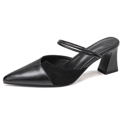 Bviennic Damen Louis- XV Absatz Mules Pointed Toe Mitte Absatz Kleid Sandales Ohne Verschluss Elegant Mules, Q40219Uo Schwarz Gr 41 EU/43Cn von Bviennic