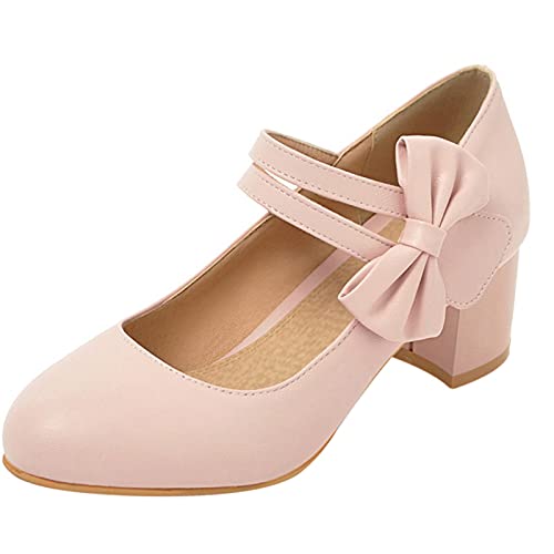 Bviennic Damen Mary Jane Knöchelriemchen Comfy Block Mitte Absatz Pumps Closed Toe Arbeit Formal Kleid Schuhe Bride Hochzeit Pink Gr 36 EU von Bviennic