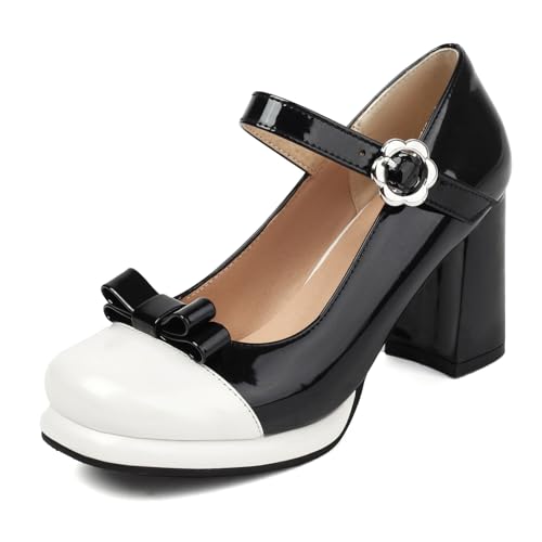 Bviennic Damen Plateau Heel Mary Jane Cap Toe Höhe Ferse Schuhe Schnalle mit Plateau Zweifarbig Klassische Dancing Schuhe D65660Fq Schwarz Gr 37 EU/38Cn von Bviennic