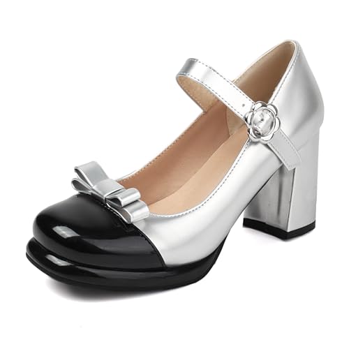 Bviennic Damen Plateau Heel Mary Jane Cap Toe Höhe Ferse Schuhe Schnalle mit Plateau Zweifarbig Klassische Dancing Schuhe E65114Fc Silber Gr 42 EU/44Cn von Bviennic