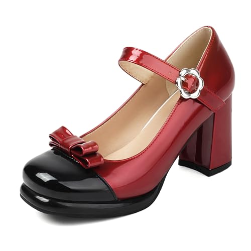 Bviennic Damen Plateau Heel Mary Jane Cap Toe Höhe Ferse Schuhe Schnalle mit Plateau Zweifarbig Klassische Dancing Schuhe I65127Cf Rot Gr 33.5 EU/33Cn von Bviennic