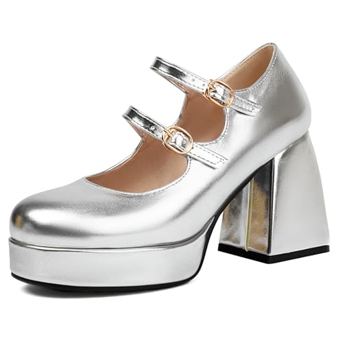 Bviennic Damen Plateau Heel Mary Jane Runde Zehen Höhe Ferse Schuhe Schnalle mit Plateau Mode Abendschuhe C65920Ek Silber Gr 43 EU/45Cn von Bviennic