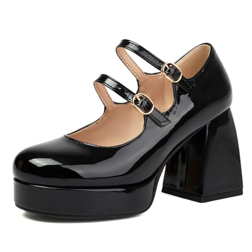 Bviennic Damen Plateau Heel Mary Jane Runde Zehen Höhe Ferse Schuhe Schnalle mit Plateau Mode Abendschuhe L66414Xi Schwarz Gr 33 EU/32Cn von Bviennic