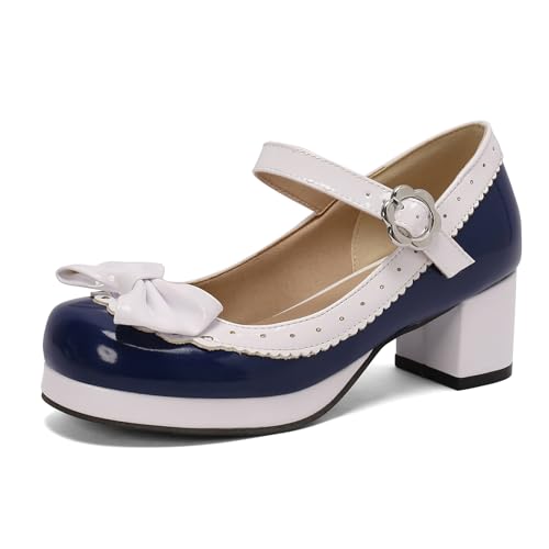 Bviennic Damen Plateau Heel Mary Jane Runde Zehen Mitte Absatz Schuhe Schnalle mit Plateau Zweifarbig Süß Abendschuhe O62358Js Blau Gr 37 EU/38Cn von Bviennic