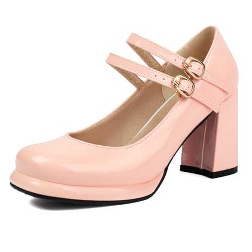 Bviennic Damen Plateau Heel Mary Jane Square Toe Höhe Ferse Schuhe Schnalle mit Plateau Mode Abendschuhe A64243Co Pink Gr 34 EU von Bviennic