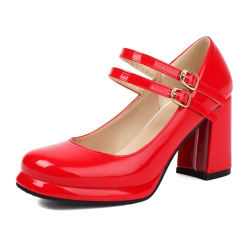 Bviennic Damen Plateau Heel Mary Jane Square Toe Höhe Ferse Schuhe Schnalle mit Plateau Mode Abendschuhe D64139Mu Rot Gr 36.5 EU/37Cn von Bviennic