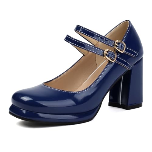 Bviennic Damen Plateau Heel Mary Jane Square Toe Höhe Ferse Schuhe Schnalle mit Plateau Mode Abendschuhe J64555Un Blau Gr 36 EU von Bviennic