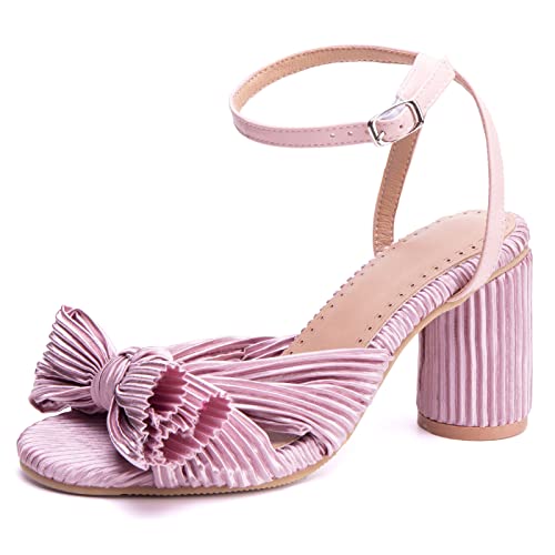 Bviennic Damen-Sandalen mit Blockabsatz Offene Zeh Höhe Ferse Dancing Schuhe Schnalle Mode Sandals Knöchelriemchen Bogen, D11112Wo Dark-Pink Gr 36.5 EU/37Cn von Bviennic