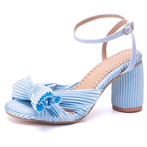 Bviennic Damen-Sandalen mit Blockabsatz Offene Zeh Höhe Ferse Dancing Schuhe Schnalle Mode Sandals Knöchelriemchen Bogen, L11346Kh Blau Gr 33 EU/32Cn von Bviennic