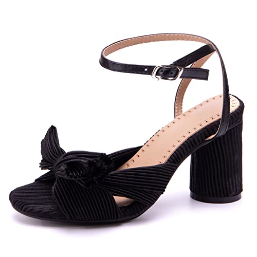 Bviennic Damen-Sandalen mit Blockabsatz Offene Zeh Höhe Ferse Dancing Schuhe Schnalle Mode Sandals Knöchelriemchen Bogen, M11892Do Schwarz Gr 48.5 EU/51Cn von Bviennic