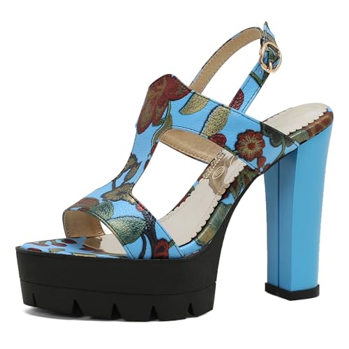 Bviennic Damen-Sandalen mit Blockabsatz Partyschuhe mit Offenem Zehenbereich Und Hohem Absatz Ohne Verschluss Mode Sandals mit Plateau Blumes, B24983Cz Blau Gr 39 EU/40Cn von Bviennic