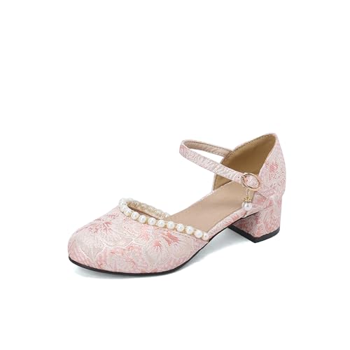 Bviennic Damen-Sandalen mit Blockabsatz Runde Zehen Mitte Absatz Mary Jane Schnalle Süß Dancing Sandals Knöchelriemchen Beaded, E36826Pi Pink Gr 42 EU/44Cn von Bviennic