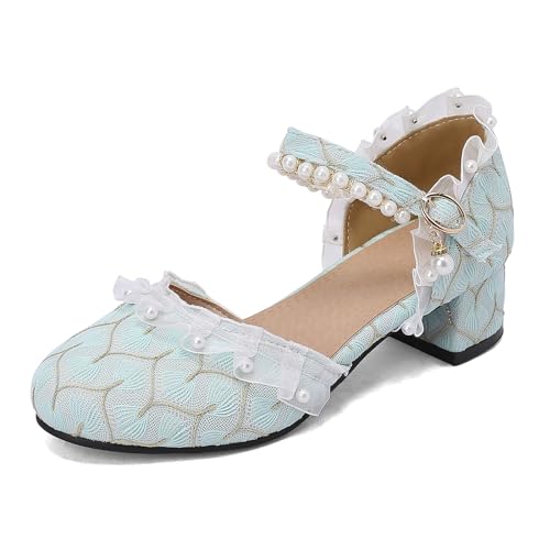 Bviennic Damen-Sandalen mit Blockabsatz Runde Zehen Mitte Absatz Mary Jane Schnalle Süß Dancing Sandals Knöchelriemchen Beaded, Q36228Co Blau Gr 41 EU/43Cn von Bviennic