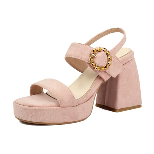 Bviennic Damen-Sandalen mit Blockabsatz Slingback-Schuhe mit Offenem Zehenbereich Und Hohem Absatz Schnalle Retro Sandals mit Plateau, A45601Od Pink Gr 44 EU/46Cn von Bviennic