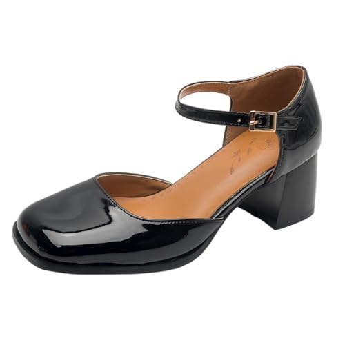 Bviennic Damen-Sandalen mit Blockabsatz Square Toe Mitte Absatz Mary Jane Schnalle Klassische Sandals Knöchelriemchen Burnished, Q15649Qm Schwarz Gr 43 EU/45Cn von Bviennic