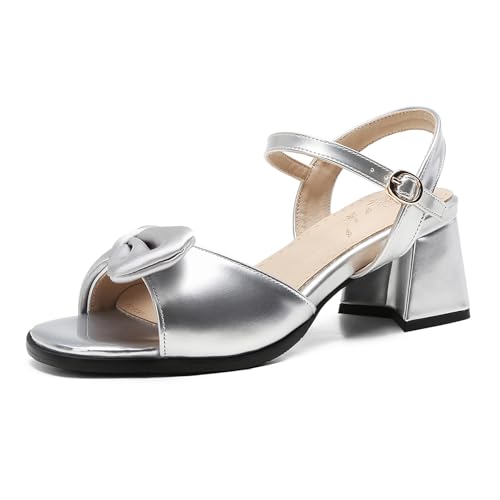 Bviennic Damen-Sandalen mit Blockabsatz Tägliche Schuhe mit Offener Zehenpartie Und Mittlerem Absatz Schnalle Leisure Sandals Knöchelriemchen Bogen, U20043Mi Silber Gr 33 EU/32Cn von Bviennic