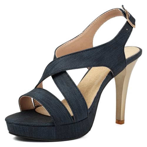 Bviennic Damen Stiletto Slingback Schuhe Offene Zeh Höhe Ferse Daily Schuhe Schnalle Klassische Sandals mit Plateau, I38815Ye Blau Gr 46 EU/48Cn von Bviennic