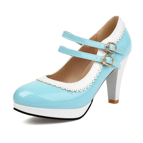 Bviennic Damen Trichterabsatz Mary Jane Almond Toe Höhe Ferse Schuhe Schnalle mit Plateau Mode Daily Schuhe G73720Sx Light-Blau Gr 32 EU/31Cn von Bviennic