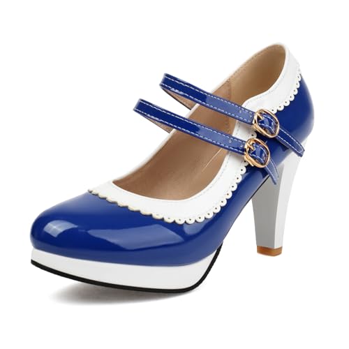 Bviennic Damen Trichterabsatz Mary Jane Almond Toe Höhe Ferse Schuhe Schnalle mit Plateau Mode Daily Schuhe P74214Ti Dark-Blau Gr 33.5 EU/33Cn von Bviennic