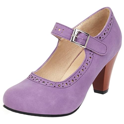 Bviennic Damen Trichterabsatz Mary Jane Runde Zehen Höhe Ferse Schuhe Schnalle Leisure Abendschuhe H51191Oy Violett Gr 35 EU von Bviennic