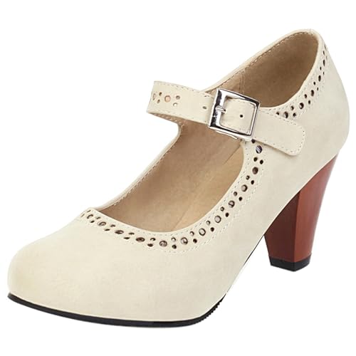 Bviennic Damen Trichterabsatz Mary Jane Runde Zehen Höhe Ferse Schuhe Schnalle Leisure Abendschuhe P51126Cd Weiß Gr 44 EU/46Cn von Bviennic