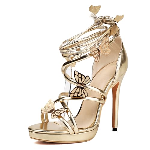 Bviennic Stiletto-Sandalen Für Damen Offene Zeh Höhe Ferse Dancing Schuhe Schnüren Mode Sandals mit Plateau Ankle Wrap, U42130Ef Gold Gr 39 EU/40Cn von Bviennic