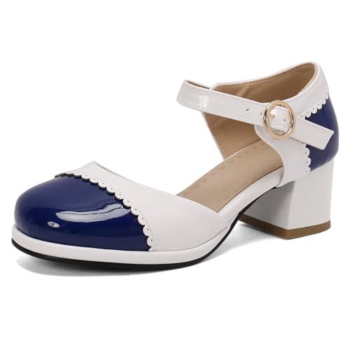 Damen Blockabsatz Mary Jane Runde Zehen Mitte Absatz Dancing Sandals Schnalle Klassische Mary Jane mit Plateau Zweifarbig, V12685Og Blau Gr 35 EU von Bviennic