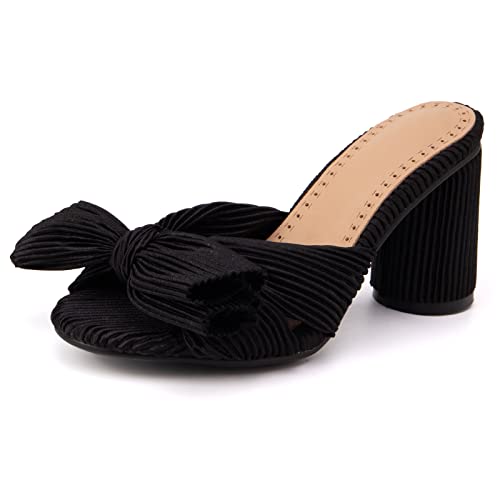 Damen Blockabsatz Mules Offene Zeh Höhe Ferse Dancing Schuhe Ohne Verschluss Mode Sandals Bogen, D7095Qg Schwarz Gr 48 EU/50Cn von Bviennic