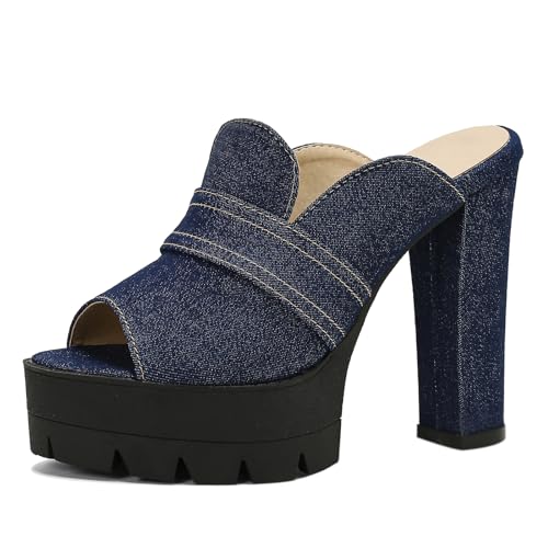 Damen Blockabsatz Mules Peep Toe Höhe Ferse Denim Sandals Ohne Verschluss Mode Sandals mit Plateau, K25477Rv Dark-Blau Gr 42 EU/44Cn von Bviennic