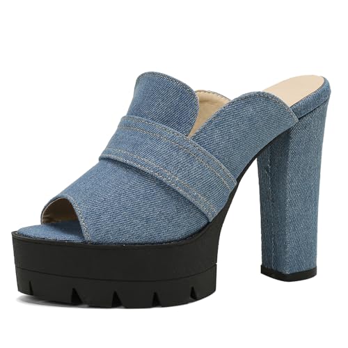 Damen Blockabsatz Mules Peep Toe Höhe Ferse Denim Sandals Ohne Verschluss Mode Sandals mit Plateau, O25256Gu Light-Blau Gr 42 EU/44Cn von Bviennic