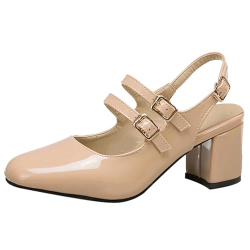 Damen Blockieren Fersenpumps Square Toe Mitte Absatz Schuhe Schnalle Slingback Mode Abendschuhe L48760Wo Beige Gr 42 EU/44Cn von Bviennic