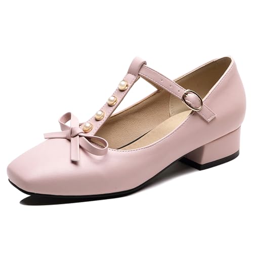 Damen Blockieren Fersenpumps Square Toe Mitte Absatz Schuhe Schnalle T-Spange Bogen Süß Daily Schuhe H45107Eb Pink Gr 40 EU/41Cn von Bviennic